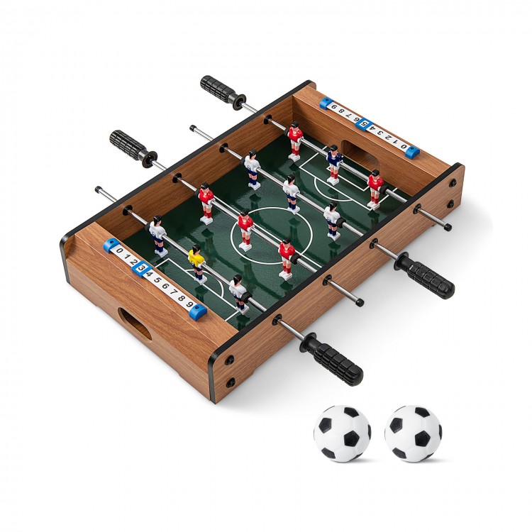 Mini foosball table with 12 players, 4 steel rods, and 2 soccer balls, perfect for family game nights and parties.