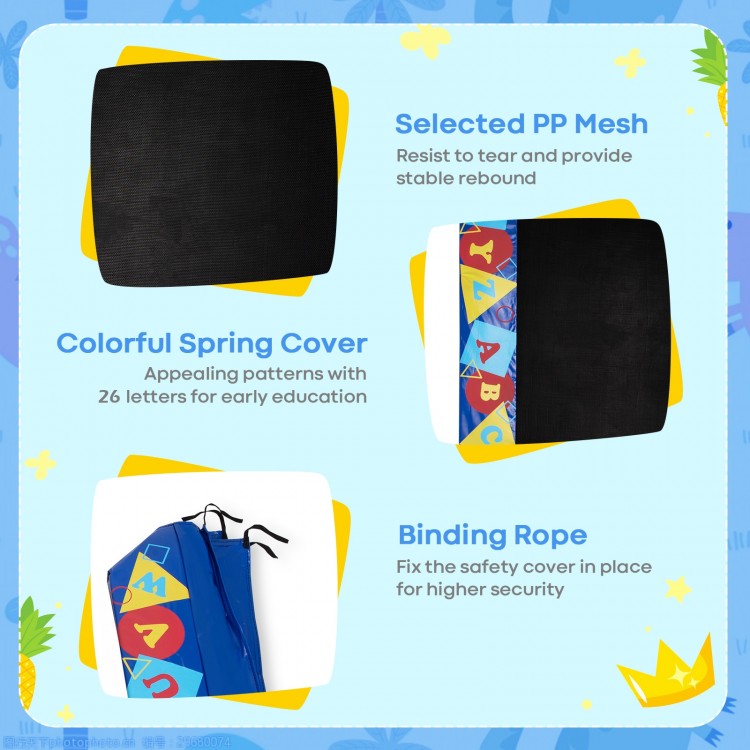 Kids 36" square trampoline with foamed handrail and safety cover, designed for indoor and outdoor fun and stability.