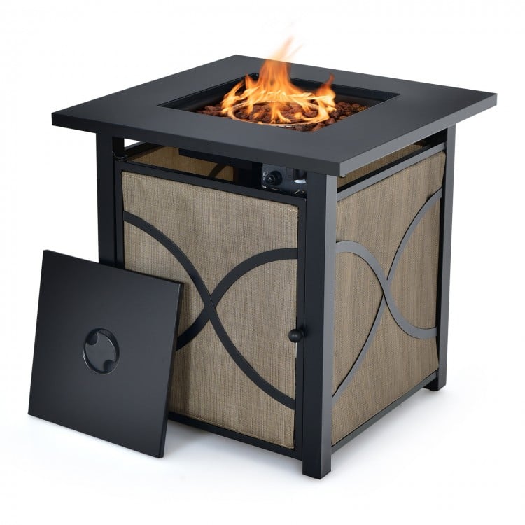 25-inch propane fire pit table with removable lid, 40,000 BTU, stainless steel burner, ideal for outdoor patio use.