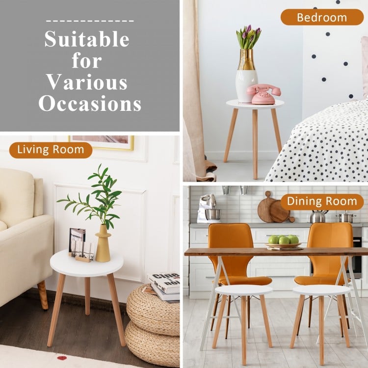16-inch modern round coffee table with white MDF top and pine wood legs, ideal for living room, kitchen, or bedroom use.