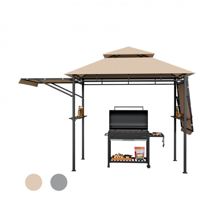 Patio BBQ grill gazebo with beige canopy, dual side awnings, and shelves for outdoor cooking and entertainment.