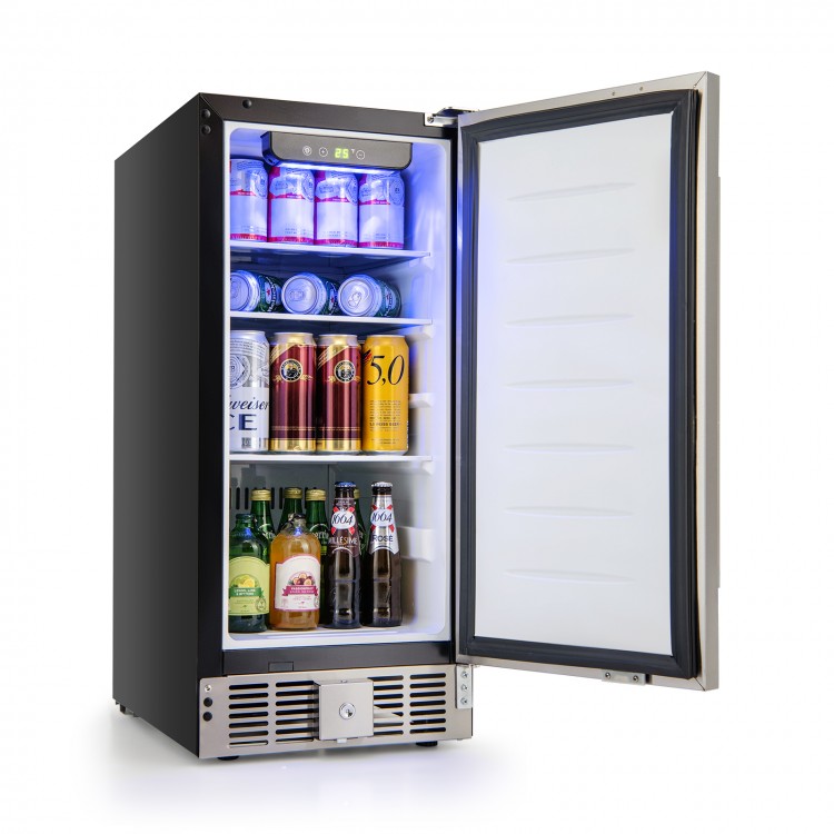 Compact refrigerator with stainless steel door, adjustable shelves, and LED lights, ideal for efficient cooling and.