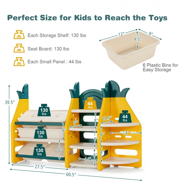3-in-1 kids toy storage organizer with 6 bins and 7 shelves, featuring a bright pineapple design for easy access to.