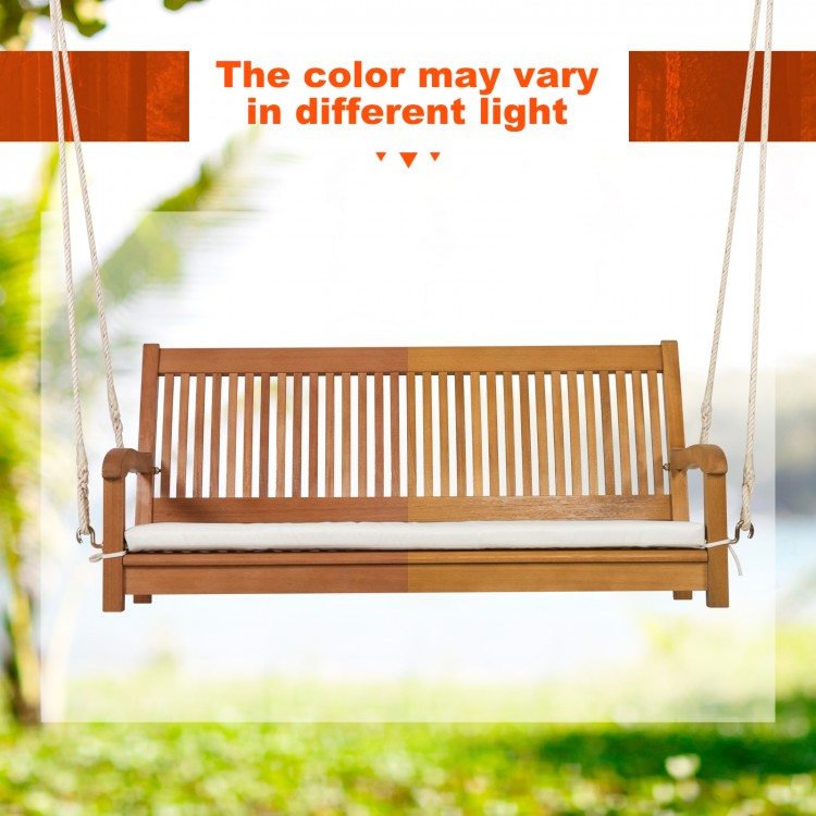 Side view of the 2-person hanging porch swing bench with curved backrest and sturdy hanging ropes, perfect for outdoor.