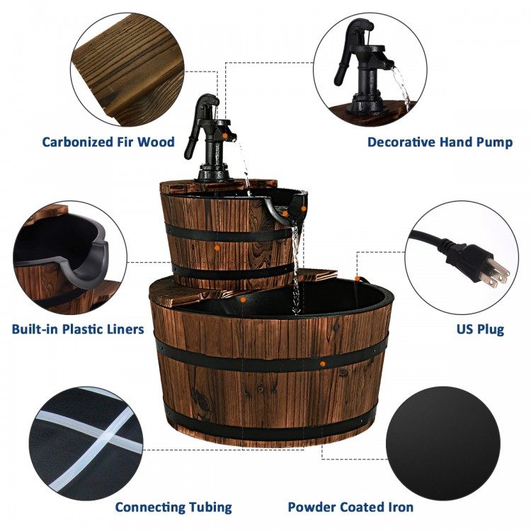Two-tier outdoor wooden barrel waterfall fountain with carbonized wood, plastic liners, and decorative hand pump for.