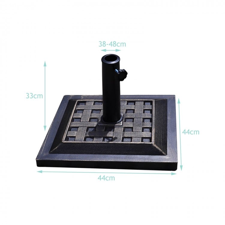 Heavy duty 17.5-inch square umbrella base stand with decorative pattern, bronze finish, and rust-resistant construction.