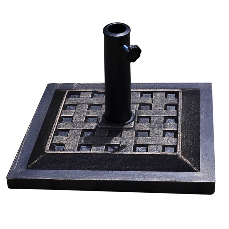 Heavy-duty 30 lbs square umbrella base stand with decorative pattern and bronze finish for outdoor use.