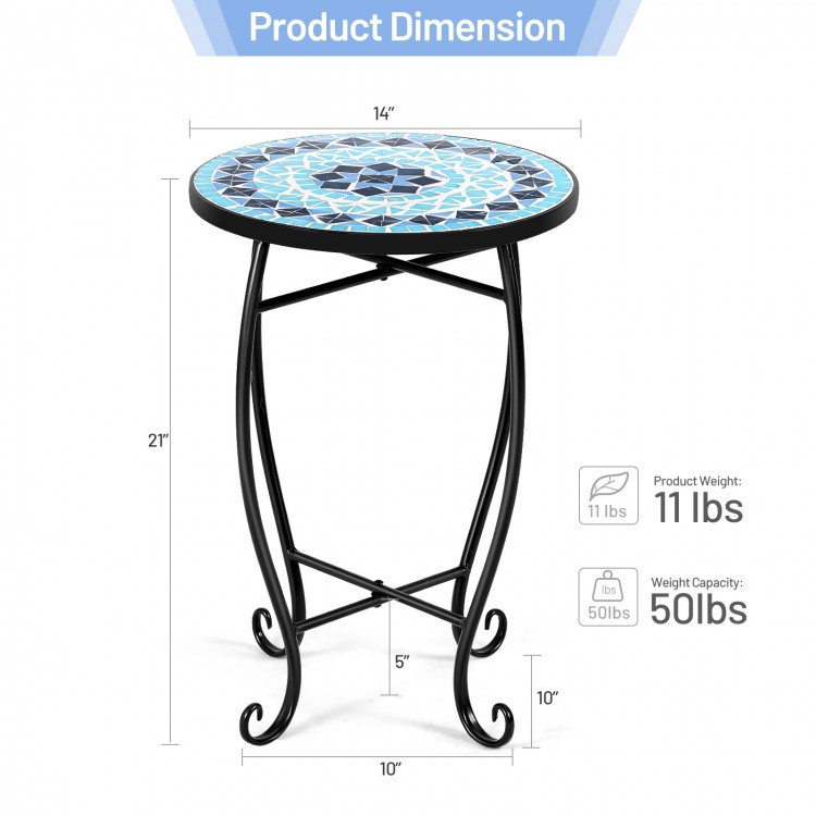 Round cobalt blue mosaic accent table with black steel frame, ideal for indoor or outdoor plant display.