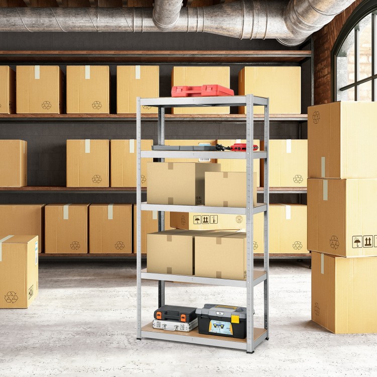 Five-tier adjustable storage shelf made of steel with a galvanized finish, ideal for organizing tools in a garage or.