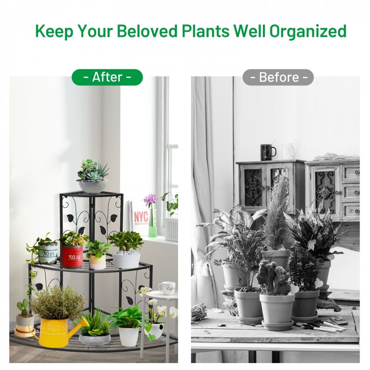 Three-tier floral corner metal plant pot rack in black, perfect for displaying potted plants and decorative items.