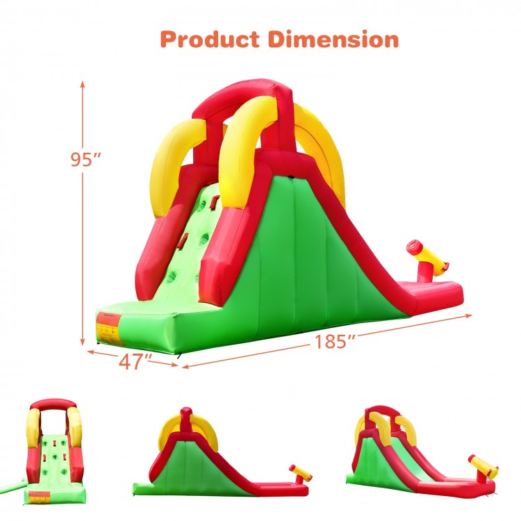 Inflatable water slide bounce house with climbing wall, 185" long, made of durable Oxford fabric for backyard fun.