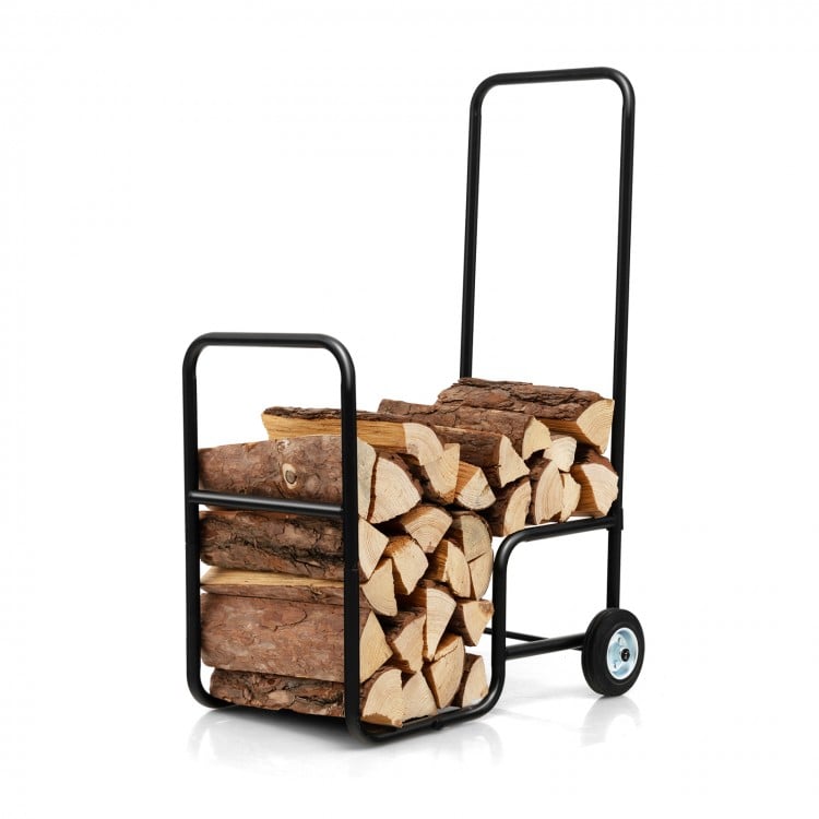 Firewood log cart carrier featuring a large loading space and sturdy frame, designed for easy transport of multiple.