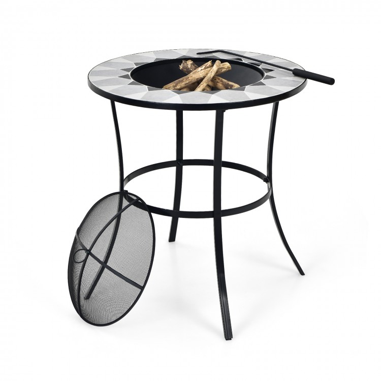 Round fire pit table with mesh cover and fire poker, featuring a durable steel frame, perfect for outdoor gatherings.