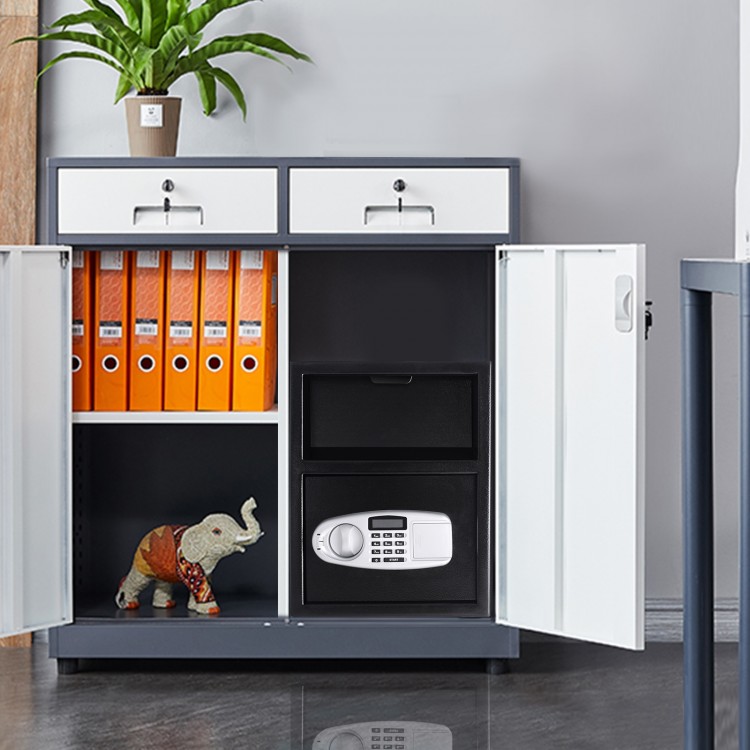 Digital deposit safe box with front drop slot, constructed from solid steel, ideal for securing cash and valuables.
