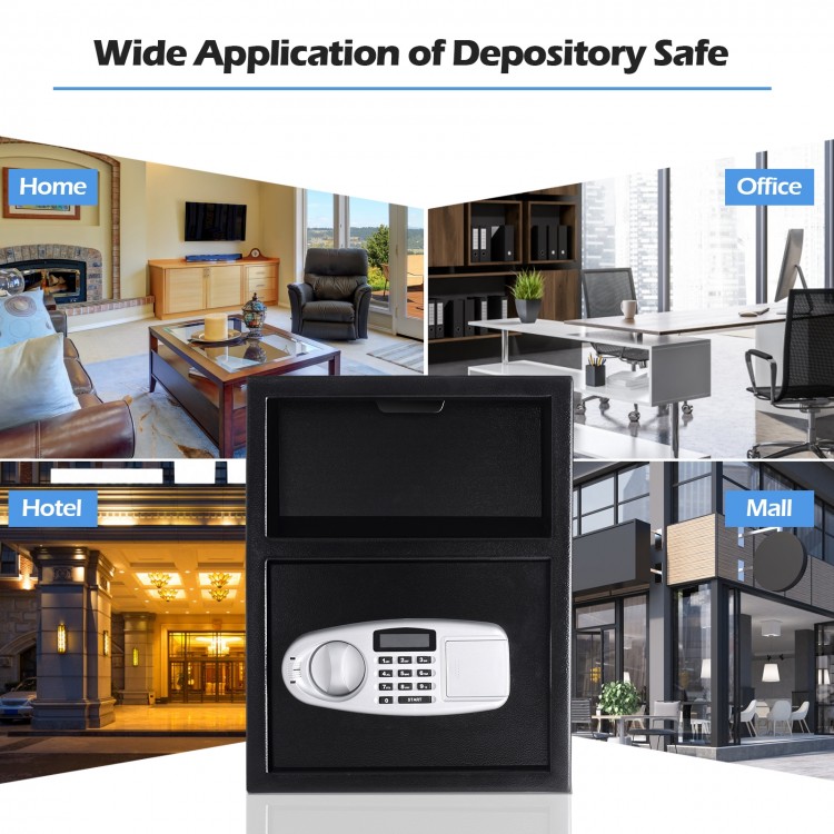 Digital deposit safe box featuring a sleek design, perfect for secure cash drops in home or office environments.
