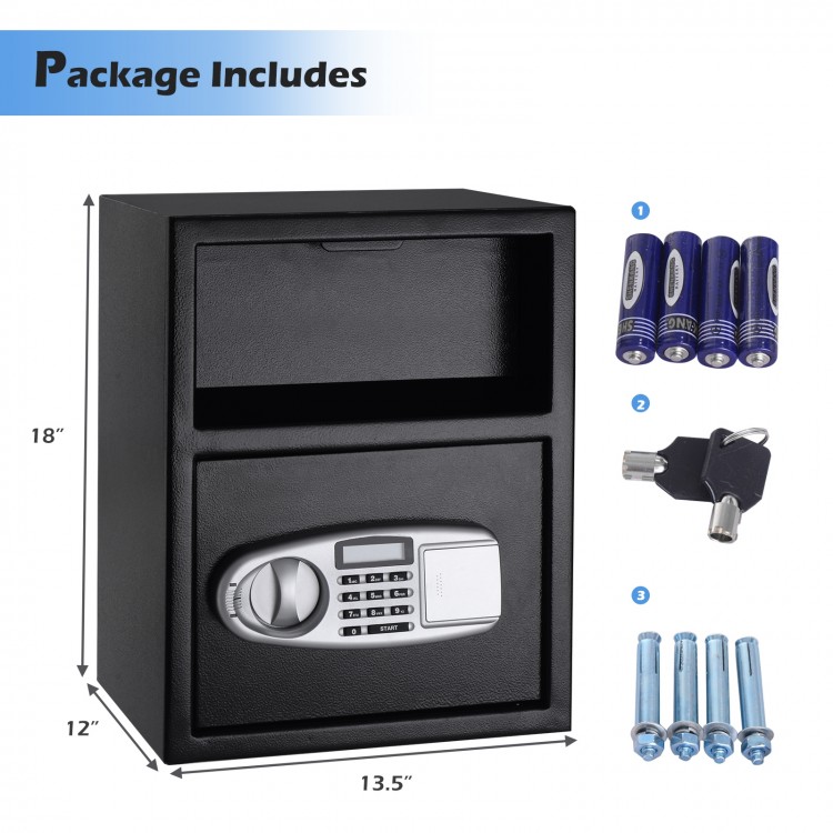 Digital deposit safe box with front drop slot, 3 mm solid steel construction, ideal for cash and jewelry storage.