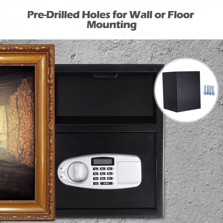 Digital deposit safe box with front drop slot, pre-drilled holes for wall mounting, ideal for cash and jewelry storage.