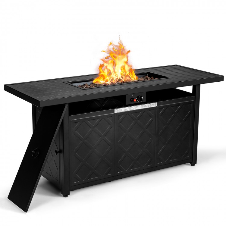 Rectangular black propane outdoor fire pit table with 50,000 BTU output, auto-ignition, and removable lid for versatile.
