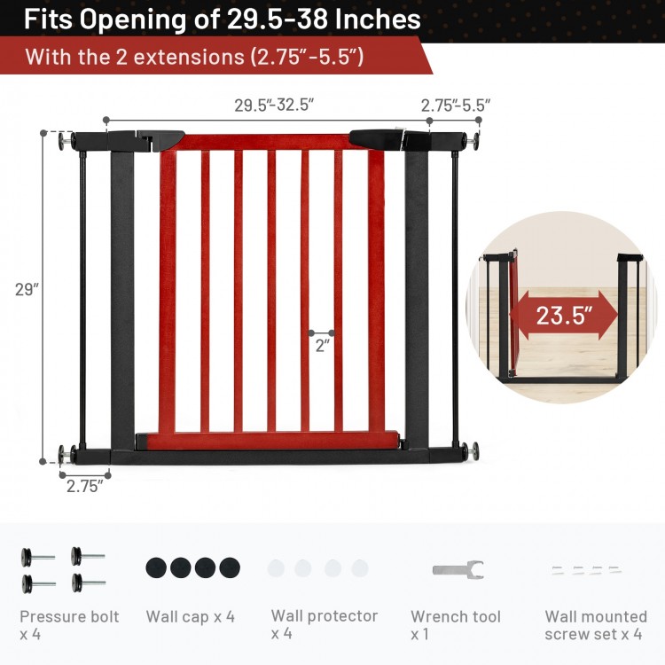 Extendable red safety gate for baby and pet, fits openings 29.5"-38", features double-lock latch and auto-close.