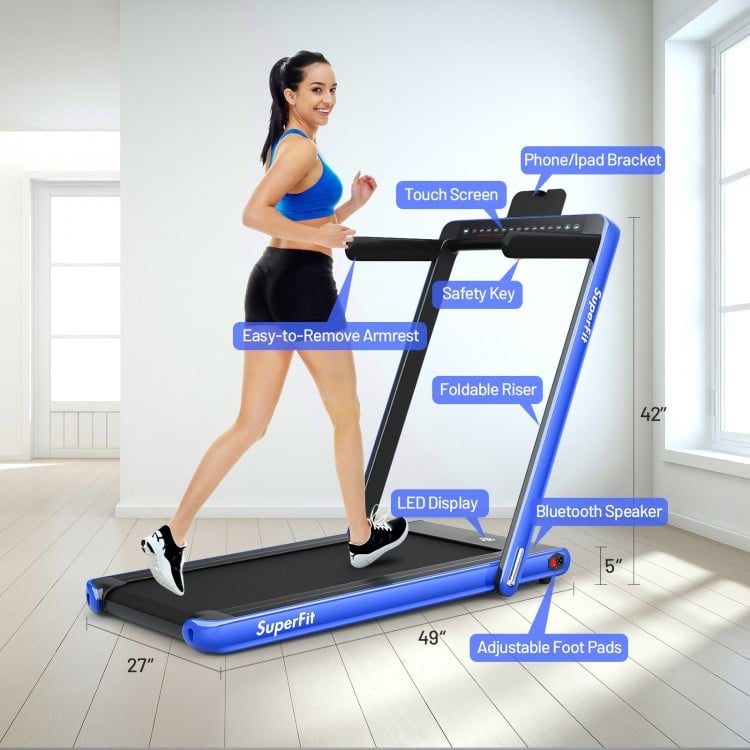Folding treadmill with dual display, Bluetooth speaker, and adjustable foot pads for home fitness and running.