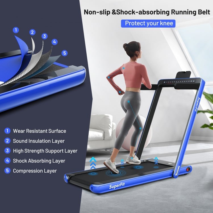 Close-up of the 2-in-1 electric folding treadmill's shock-absorbing running belt, designed for comfort and knee.
