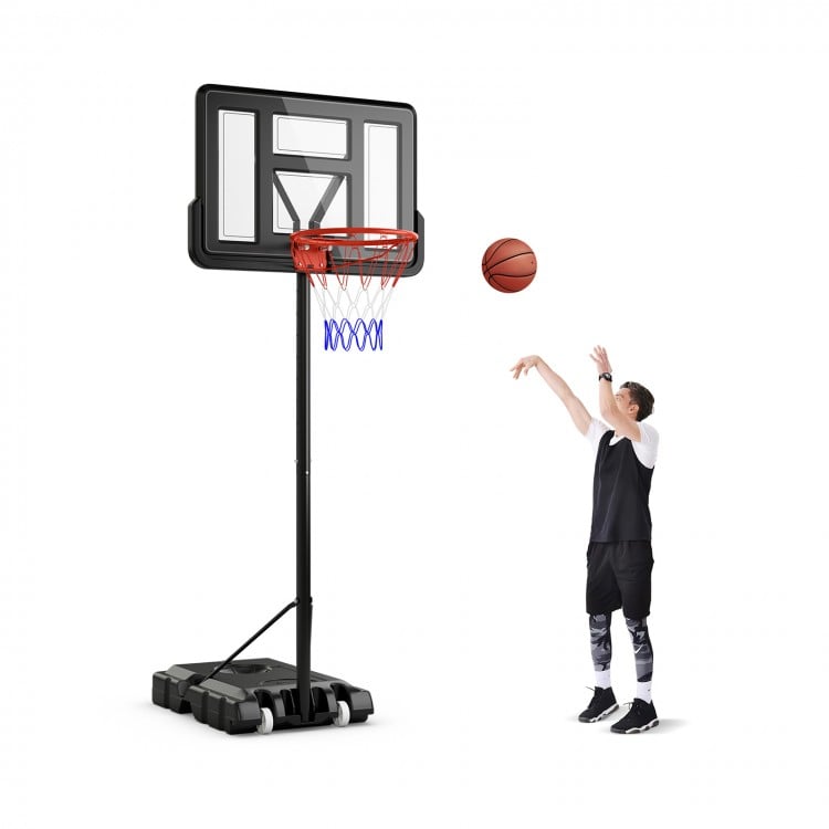 Portable basketball hoop with adjustable height, 44" backboard, and wheels for easy movement, perfect for indoor and.