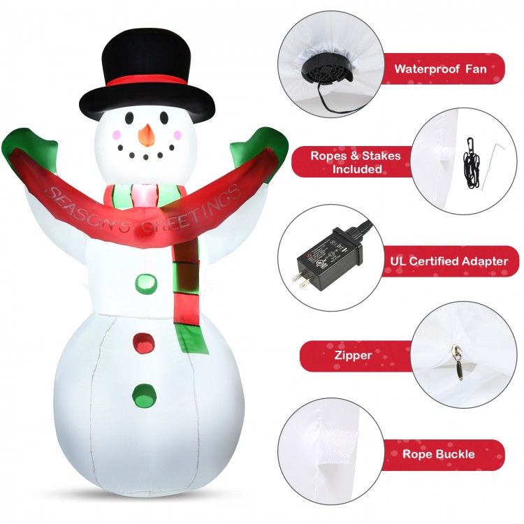 6-foot inflatable Christmas snowman decoration with LED lights, made of durable polyester for outdoor use.