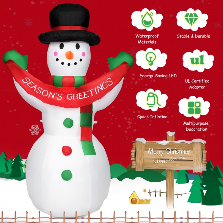6 feet inflatable Christmas snowman with LED lights, made of durable polyester, perfect for outdoor holiday decoration.