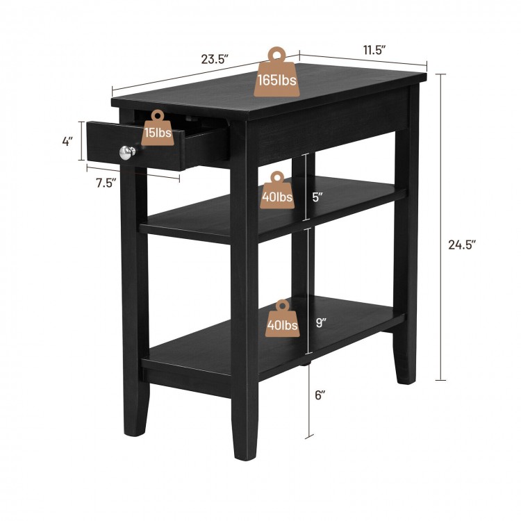 Black side end table with drawer and 2-tier open storage shelves, ideal for small spaces and home organization.