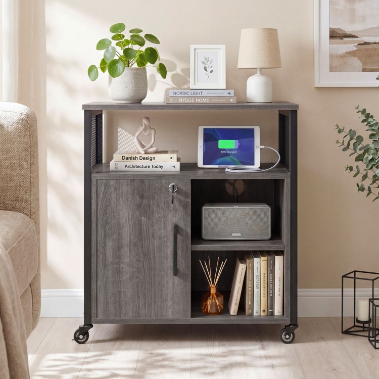 File cabinet on wheels in gray with charging station, lockable side cabinet, and open shelf for versatile organization.