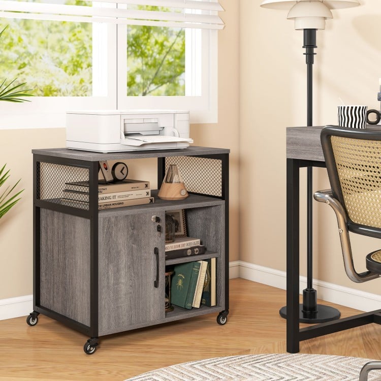 File cabinet on wheels in gray with charging station, open shelf, and lockable side cabinet for versatile organization.