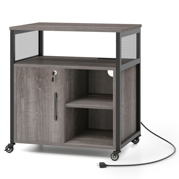 File cabinet on wheels in gray with charging station, lockable cabinet, and adjustable compartments for versatile.