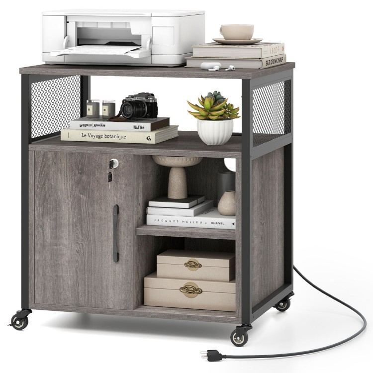 File cabinet on wheels in gray with charging station, open shelf, and lockable cabinet for versatile office storage.