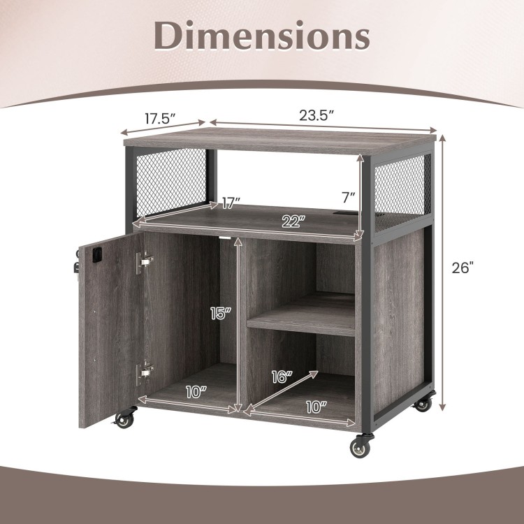 Dimensions of the gray file cabinet on wheels with charging station, featuring open shelves and lockable side cabinet.