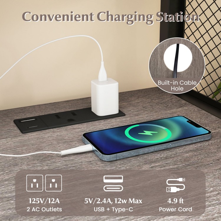 File cabinet on wheels in gray with built-in charging station and cable management hole for organized storage.