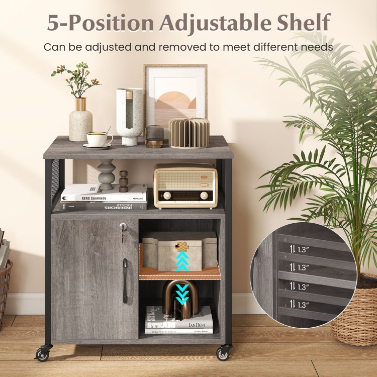 File cabinet on wheels in gray with adjustable shelves, charging station, and lockable side cabinet for versatile.