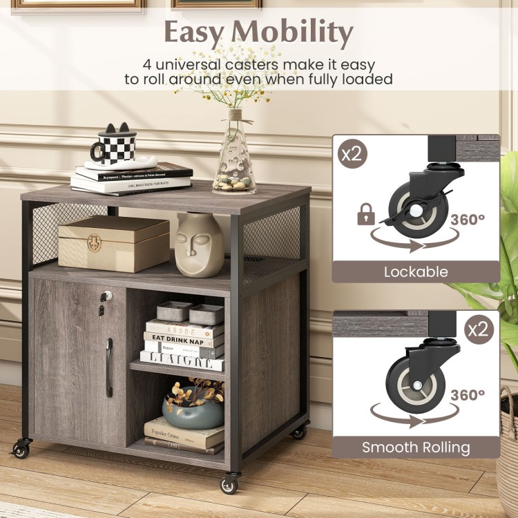File cabinet on wheels in gray with charging station, featuring lockable side cabinet and smooth-rolling casters for.