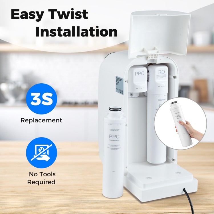Twist-in filter replacement for WYN-ROZ902 RO system, ensuring leak-free installation and quick, tool-free changes.