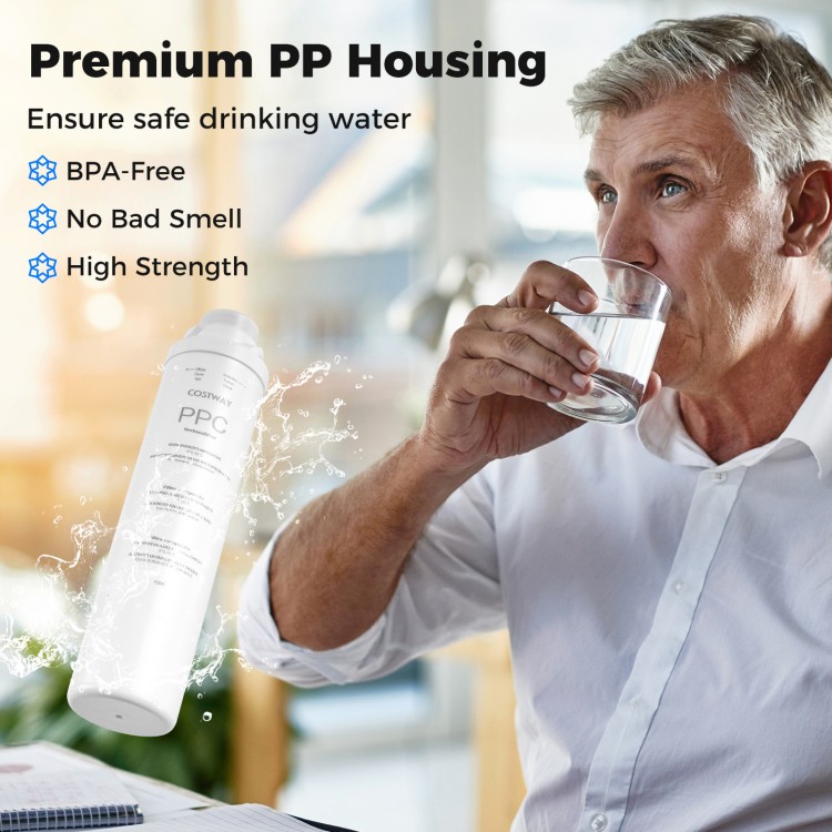 Close-up of a person drinking water from a glass, showcasing the BPA-free PP housing filter for safe drinking water.