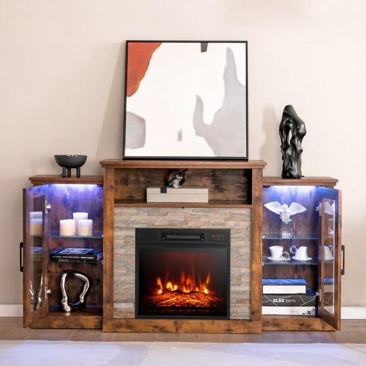 Fireplace TV stand in brown with adjustable LED lights, glass shelves, and cozy flame effect for TVs up to 65 inches.