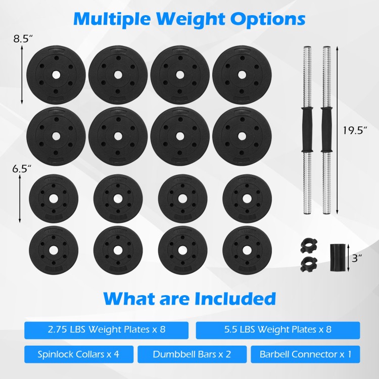 Dumbbell weight set with 8x2.75 lbs and 8x5.5 lbs plates, including spinlock collars and dumbbell bars for versatile.