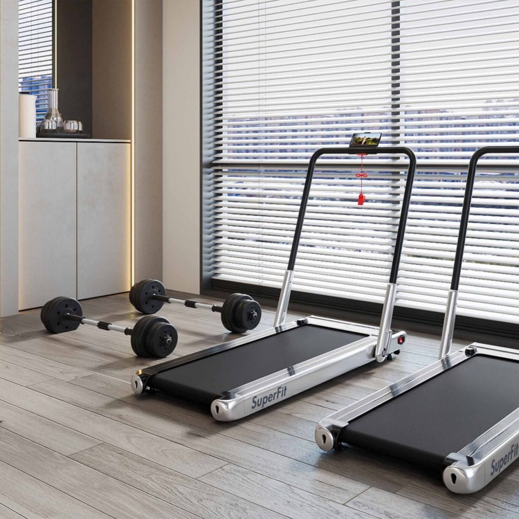 3-in-1 folding treadmill and dumbbell weight set in a fitness room, featuring a 3HP motor and anti-slip running belt.