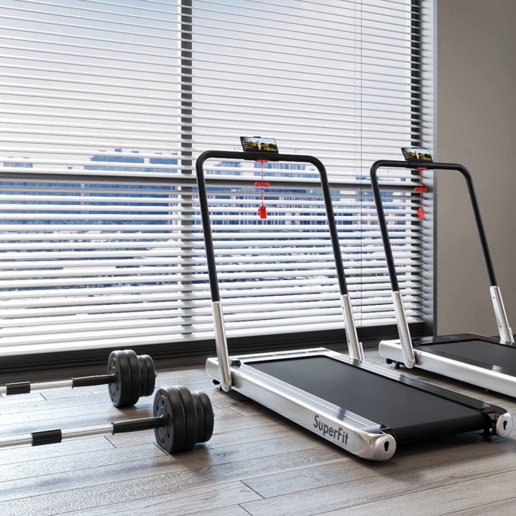 Folding treadmill with LED display and dumbbell weight set, ideal for versatile home workouts in a fitness room.