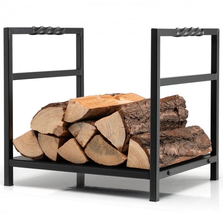 Firewood log rack in black showcasing a heavy-duty steel frame and compact design, perfect for storing logs neatly.