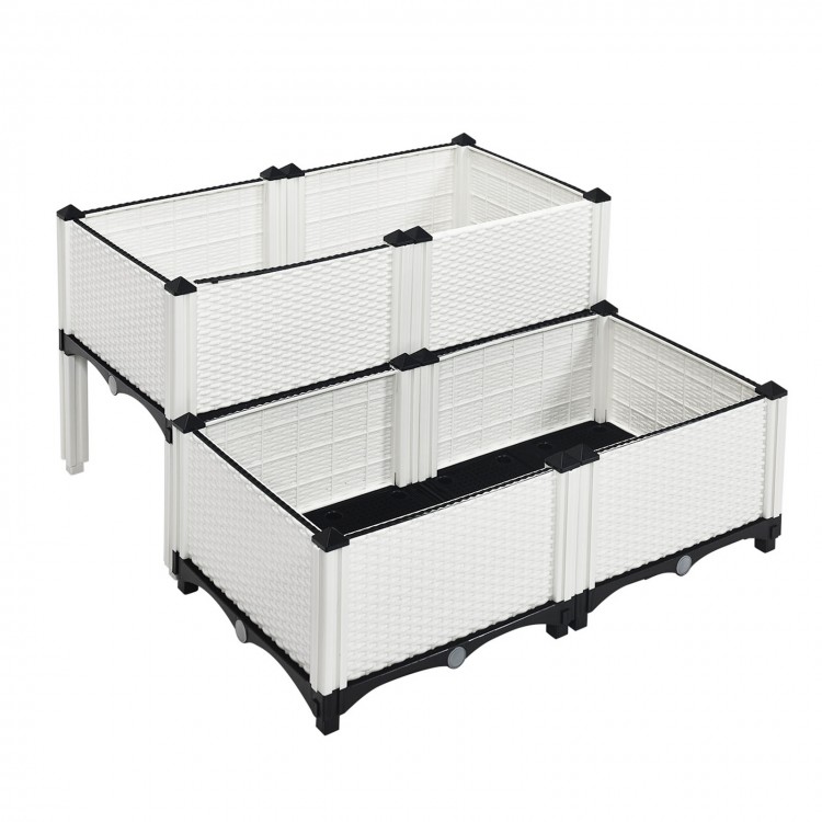 Elevated flower and vegetable planter box set in white, made of weather-resistant HDPE, perfect for patio and garden.