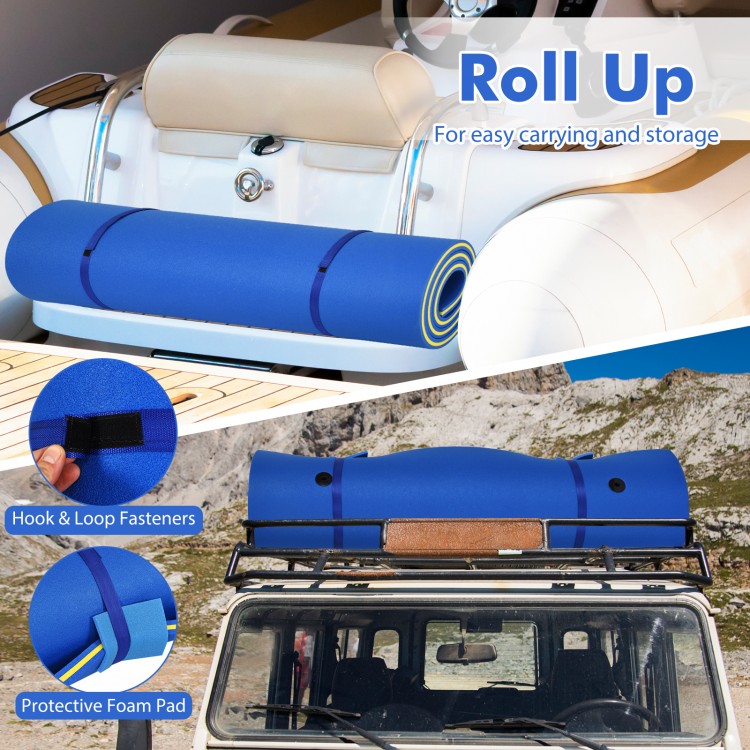 Blue 9' x 6' floating water pad foam mat rolled up for easy storage, made of eco-friendly XPE foam for water fun.