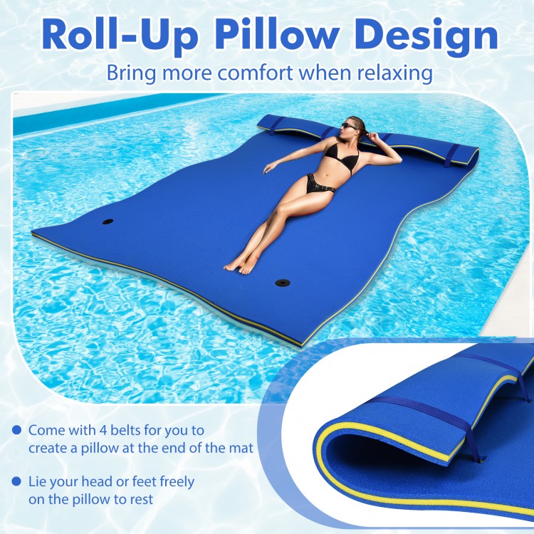 Floating water pad in blue, 9' x 6', made of eco-friendly XPE foam with roll-up pillow design for relaxation.