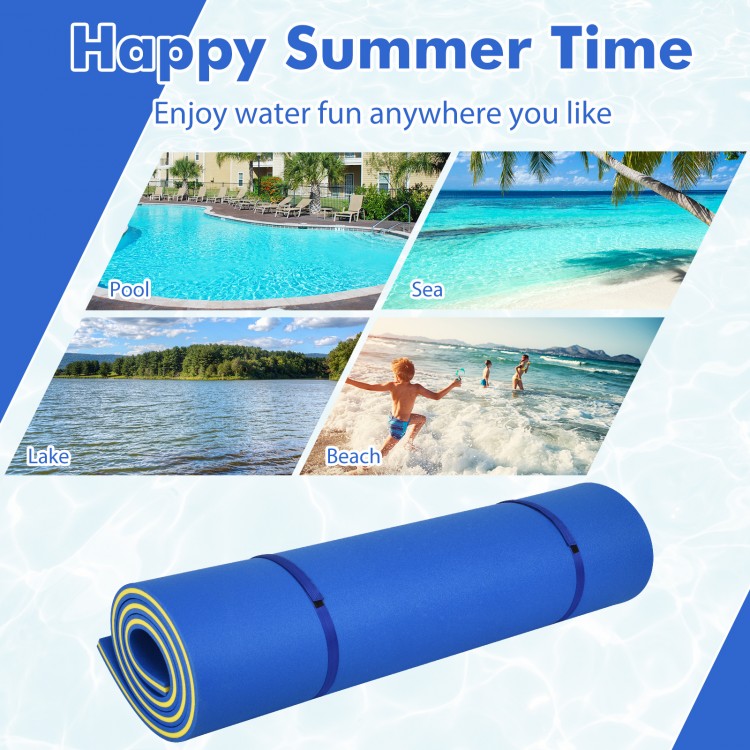 Floating water pad in blue, made of eco-friendly XPE foam, ideal for lakes, pools, and beaches for summer fun.