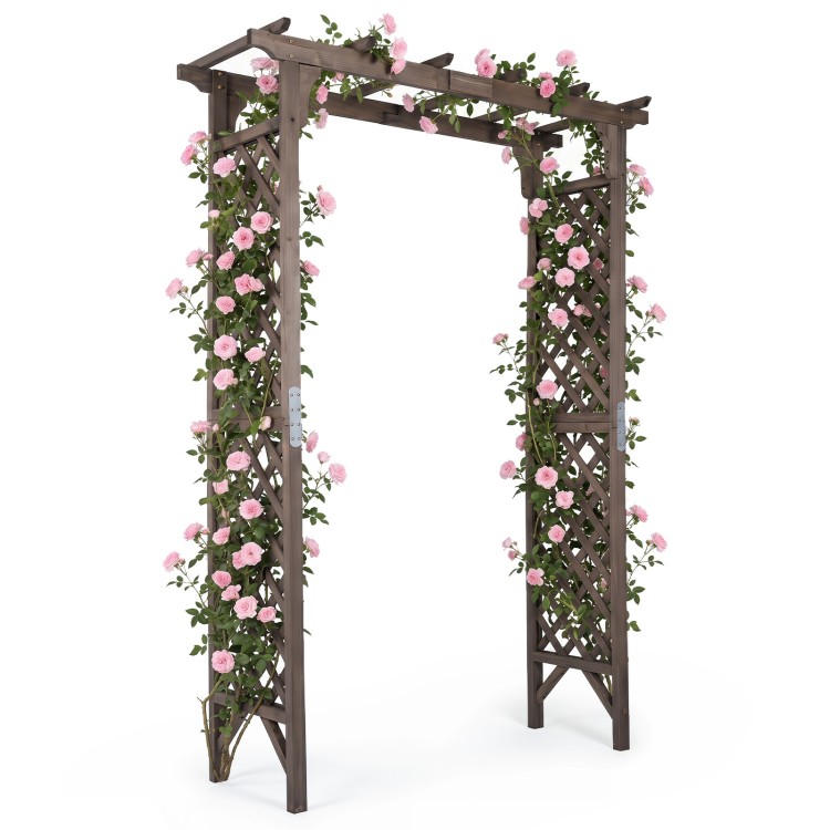 Flat top garden arch with gate, 85" tall, made of sturdy fir wood, perfect for climbing plants and wedding decor.