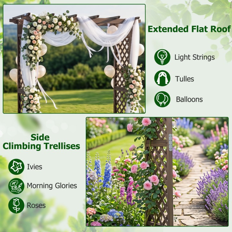 Flat top garden arch with gate, 85" tall, made of fir wood, featuring climbing trellises for roses and ivies.